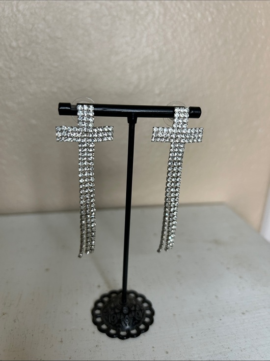 None Jewelry - CROSS Rhinestone Dangle Earrings - Silver Sparkle